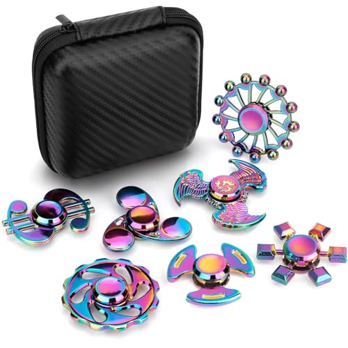 Regenbogen Metall Fidget Spinner Set 3-teiliges Premium Finger Spielzeug zur Stressbewältigung Hochwertiges Fidget Toy für Erwachsene Kinder Inkl. Würfel und Kette 7 Pack