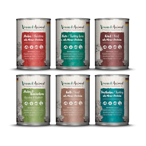 Venandi Animal Premium Nassfutter für Katzen Probierpaket III Huhn Pute Rind Huhn Kaninchen Kalb Truthahn 6 x 400 g getreidefrei und naturbelassen 2.4 kg