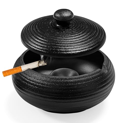 Windaschenbecher Aschenbecher für Draussen Außenbereich Schwarz Retro Keramik für Garten Balkon Terrasse und Außenbereich Schwarz