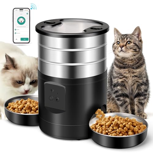 5L Automatischer Futterautomat Katze 2 Näpfe Katzenfutter Automat 2.4G WiFi Edelstahl Anti-Clog 24h Timer 1-10 Mahlzeiten Tag 1-40 Portionen Katzenfutter automat
