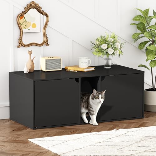 Katzenschrank Katzentoilette Katzenklo Schrank Katzenhaus mit Tür und Abfallbehälter 40 x 52 x 110 cm Stabile Katzenschrank Sitzbank Schwarz MDF