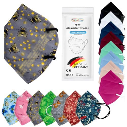 TubeRoo FFP2 Maske Grau Dunkelgrau Gelbe Hummel Motiv Muster 10 Stück Masken aus Deutschland Made in Germany weiche runde Ohrschlaufen Bänder Atemschutzmaske Mundschutz Schutzmaske Allergie