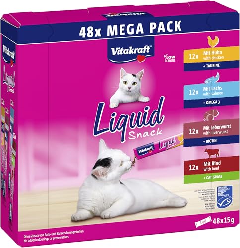 Vitakraft Liquid Snack für Leckerlis im Mega Pack cremige Textur Rind Huhn Lachs 1 Vorratspackung 48x 15g