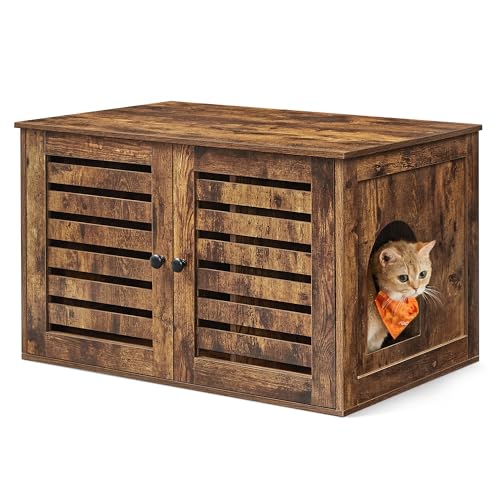 Feandrea Katzenklo-Schrank Katzenhaus mit herausnehmbarer Trennwand 2 Lamellentüren Katzentoilette Beistelltisch 80 x 53 x 49 cm vintagebraun PCL003X01