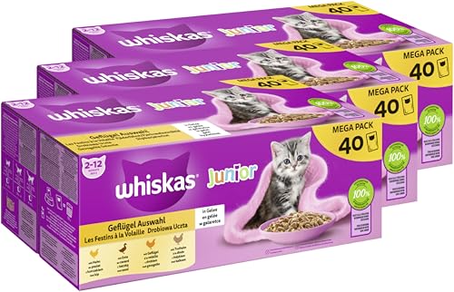WHISKAS Portionsbeutel Multipack Junior Geflügel Auswahl in Gelee 3 x 40 x 85g