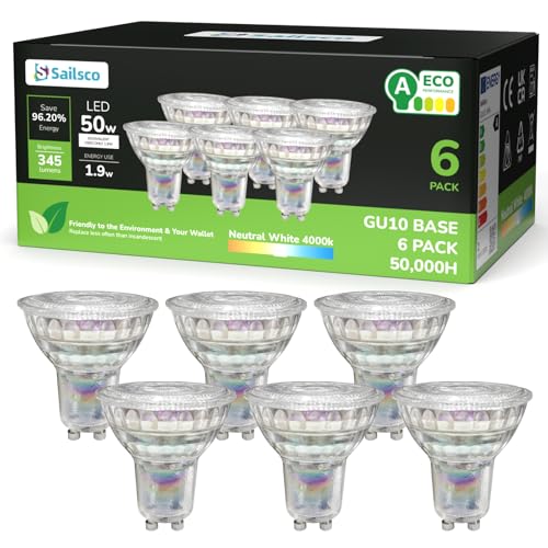 sailsco Energieklasse A GU10 LED Neutralweiss Lampe 1.9W 345LM 4000K Neutralweiß GU 10 Spot Energiesparlampe 50W Glühbirne Ersetzt 36 Grad Abstrahlwinkel G10 Leuchtmittel Nicht Dimmbar Glas 6 Stück