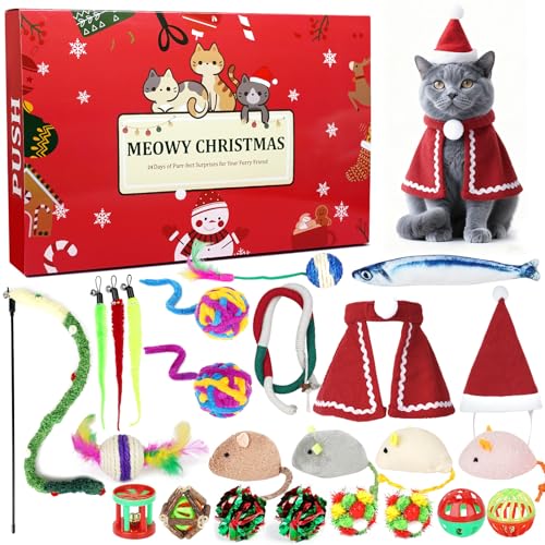 ANOTION Katzen-Adventskalender 2025-24 Tage Weihnachten Countdown Katzenspielzeug interaktives Katzenminze-Spielzeug Geschenk für Katzen inklusive Federball Klingelglocken-Ball und