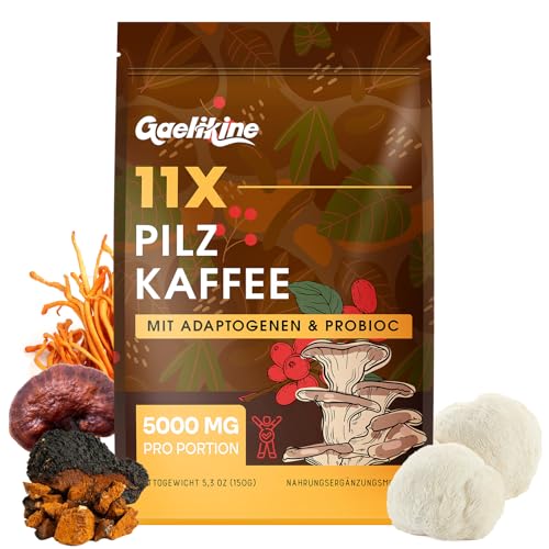 Mushroom Coffee   Pilzkaffee über 10 Pilze Adaptogenen Probiotika Instant Arabica Kaffee Löwenmähne Chaga Reishi mehr Pulver 150 g
