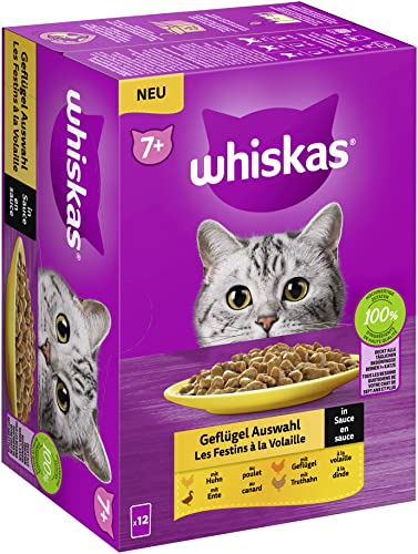 Whiskas 7 Katzenfutter Geflügel Auswahl in Sauce 12x85g 1 Packung Hochwertiges Nassfutter ab dem 7. Lebensjahr in 12 Portionsbeuteln