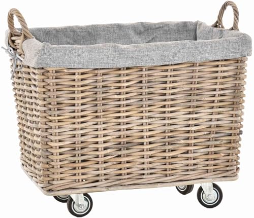 Stabiler Kaminholzkorb Flechtkorb mit Inlett Roll Holzkorb Rollkorb Natur-Rattan Natur-Grau mit Rollen