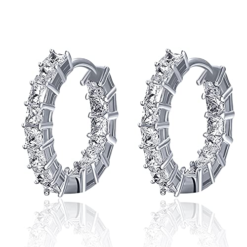 TANGPOET Creolen Damen Ohrringe 925 Sterling Silber Kleine Schlaf Ohrringe mit runden Zirkonia Steinen 16 mm 2 Stück Hebel Rückseite Hochglanzpoliert Valentinstag Geschenke