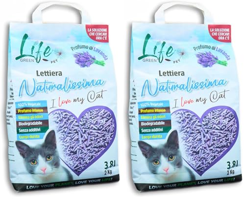 LifeGreen Naturalissima Katzenstreu 2 kg Lavendel mit Erbsenfaser und Maisstärke pflanzlich biologisch abbaubar klumpend 3 8 l geruchshemmend Packung mit 2