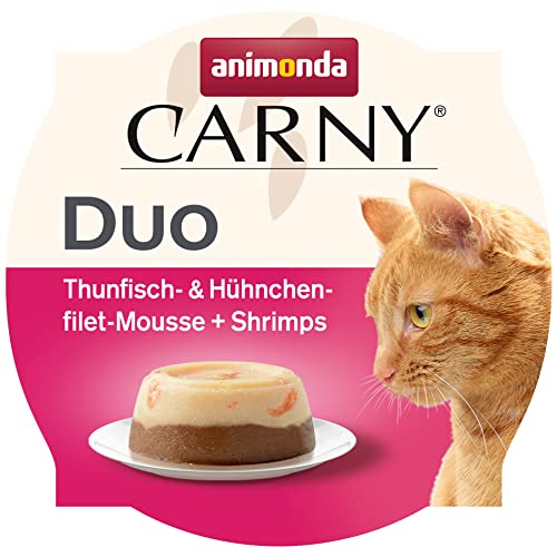 animonda Carny Adult Duo Katzensnack mit Hühnchenfilet Mousse Shrimps - Ergänzungsfuttermittel für ausgewachsene Katzen - Nassfutter für Katzen mit Thunfisch - ohne Zucker und Soja 24 x 70g