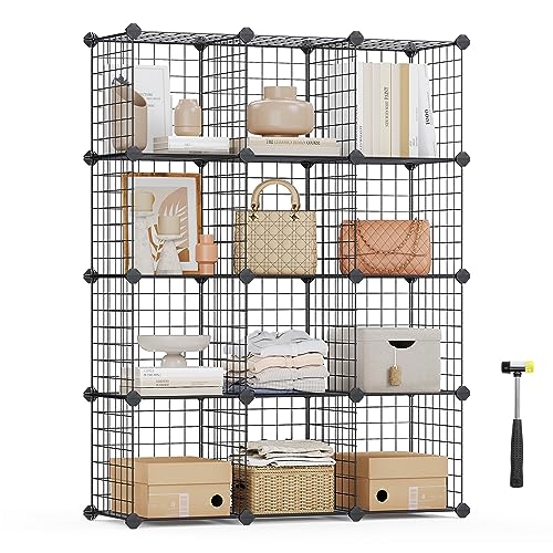 SONGMICS Gitterplatte Würfelregal Set 12 Würfeln für Schuhe Bücher Wohnzimmer Schlafzimmer erweiterbar 31x 93x 123 cm schwarz LPI34H