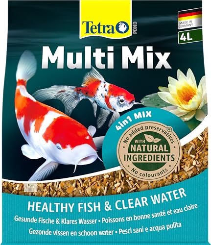 Tetra Pond Multi Mix Fischfutter für verschiedene Teichfische mit vier Futtersorten Flockenfutter Futtersticks Gammarus Wafer 4 L Beutel