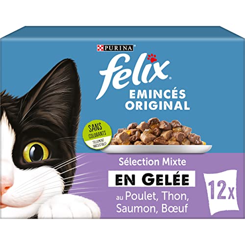 FELIX Gelee gehackt ausgewachsene Katze Auswahl an Rind Lachs Huhn Thunfisch 12 x 85 g Frischebeutel
