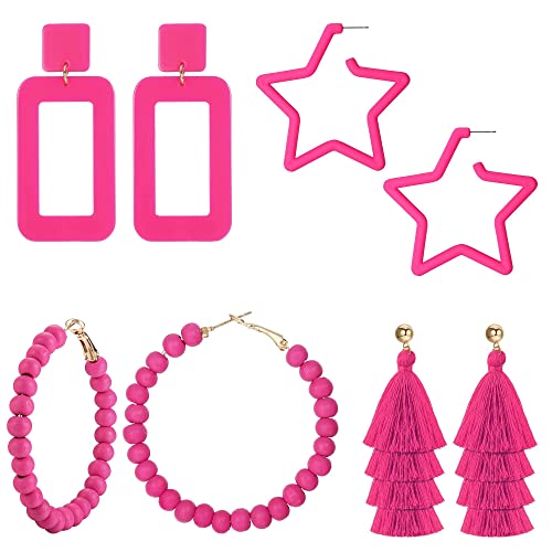 MATTE MAISA 4 Paar 80er Jahre Statement Pink Ohrringe für Frauen Mädchen Baumeln Geometrische Boho Lange Quasten Fransen Retro Stern Creolen Set