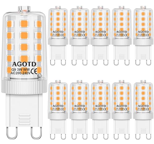 AGOTD G9 LED Lampe warmweiß 3000K LED Leuchtmittel 3W entspricht 30W 40W Halogenlampe Enegiesparende G9 Glühbirne kein Flackern nicht dimmbar 10er Set