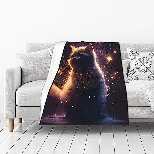NEI-WAI Katze von Sternen umgeben Decke - Charmantes galaktisches Katzenkunstwerk Weicher Flanellstoff Ideal für Bett und Couch Ganzjahreswärme 100x76CM