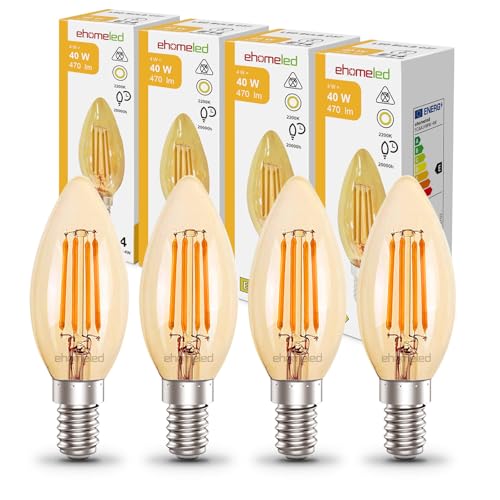 ehomeled Filament Kerzenlampe Extraß 2300K Gold Glas 470lm 4W Vintageühbirne für Bar Restaurant Dekoration 4er Pack