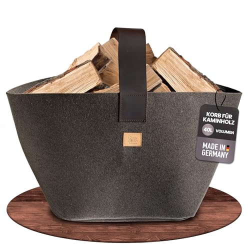 Designer Kaminholzkorb Filz 40L - Made in Germany Holzkorb für Kaminholz aus upcycling rPET Filz mit Echtlederhenkel - Feuerholzkorb standfest und stabil Trüffel