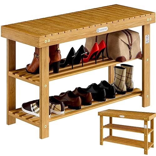 Casaria Schuhregal mit Sitzfläche Holz Massiv 160kg Belastbarkeit FSC -Zertifiziert Akazie 3 Ebenen Flur Bad Schuhbank Sitzbank Schuhschrank Braun