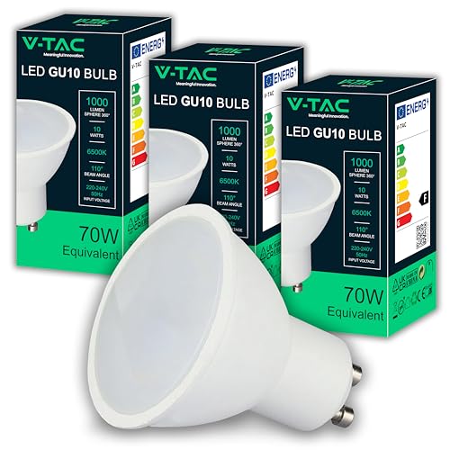 V-TAC 3 x GU10-10 W LED-Lampen hohe Helligkeit entspricht 70 W 1000 Lumen LED-Spot GU10 für maximale Effizienz und Energieeinsparung Kaltweiß 6500 K