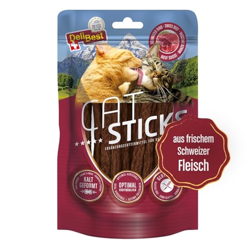 DeliBest Cat Sticks aus 100% Schweizer Rindfleisch I Katzen Leckerlies getreidefrei I Katzensnack ohne künstliche Zusatzstoffe I Allergiker geeignet I 50g