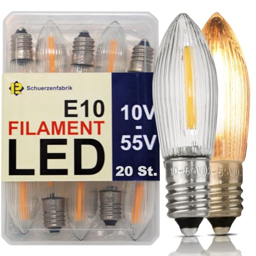 Schuerzenfabrik 20x Spitzkerzen 10V   55V 0.2W 2200K Universal Filament Topkerzen für Lichterkette und Schwibbbogen