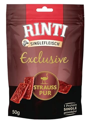 Rinti Singlefleisch Exclusive Strauß pur 12 x 50 g Belohnungssnack für ausgewachsene Hunde Für empfindliche Hunde bei Allergien oder Unverträglichkeiten Leicht verdaulich