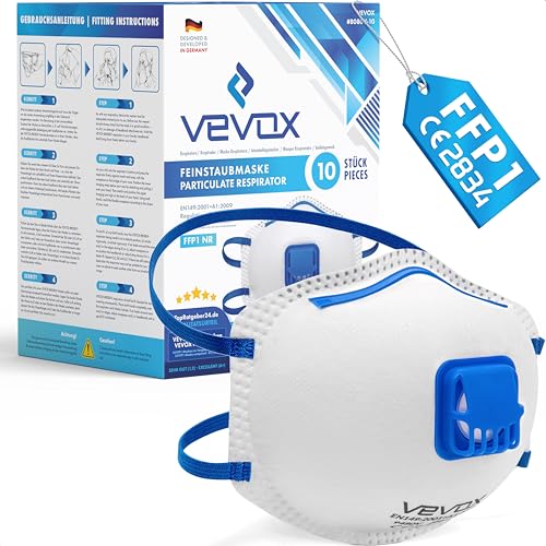VEVOX FFP1 Maske mit Ventil 5er 10er oder 20er Set Staubmaske Atemschutzmaske Staubschutzmaske Feinstaubmaske Atemschutz z.B. gegen Feinstaub Schleifstaub oder Baustaub