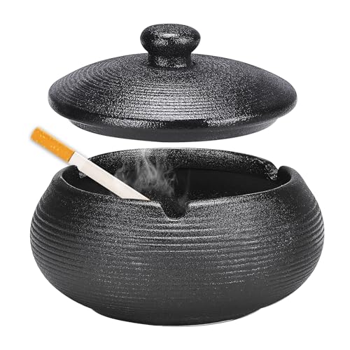 Aschenbecher Keramik mit Deckel Winddicht Retro Windaschenbecher für Innen Außen Zigaretten Sturmaschenbecher für Zuhause Büro Balkon und Terrasse - Schwarz