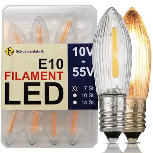 Schuerzenfabrik Spitzkerze E10 LED 7 Stück Lampen Ersatzbirnen 10V-55V 0.2W 2200K Universal Filament Topkerze für Lichterkette und Schwippbögen