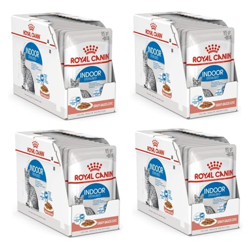 Royal Canin Indoor Sterilised in Soße 4er Pack 4 x 12 x 85 g Alleinfuttermittel für ausgewachsene Katzen die im Haus Leben Für sterilisierte Katzen Häppchen in Soße