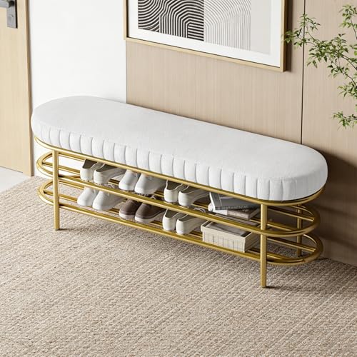 Baodiale Klassische Schuhbank mit technischem Stoffkissen 3-stufiges Schuhregal aus Metall for den Eingangsbereich Aufbewahrungsbank for Flur Wohnzimmer Schlafzimmer Schmutzfänger White 120cm