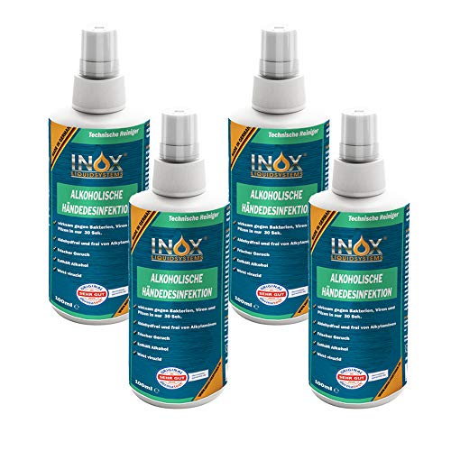 INOX Effektives Händedesinfektionsmittel mit Alkohol 4x100ml Desinfektionsmittel für Hände zur direkten Anwendung Frischer Geruch Dermatologisch getestet