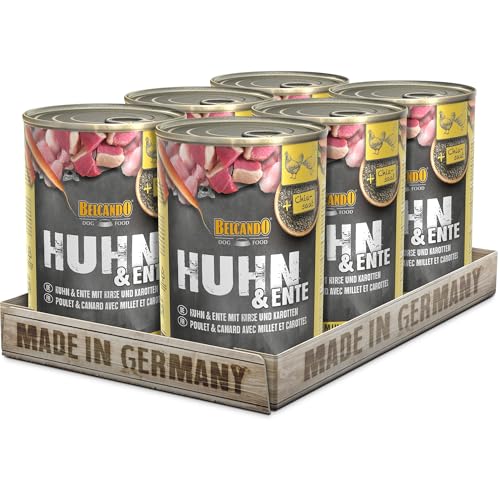 BELCANDO Nassfutter für Hunde Huhn und Ente mit Hirse und Karotten 6X 400g Dose Hundefutter nass für alle Rassen Made in Germany