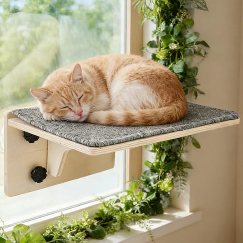 Kletterwand Katzen 40 26 18cm Katzenliege Fenster Fensterplätze mit Waschbar Abnehmbar Filzunterlage und Große Saugnäpfe Holz Fensterliege Katzen Fensterhängematte 2-in-1 für Wand Glas