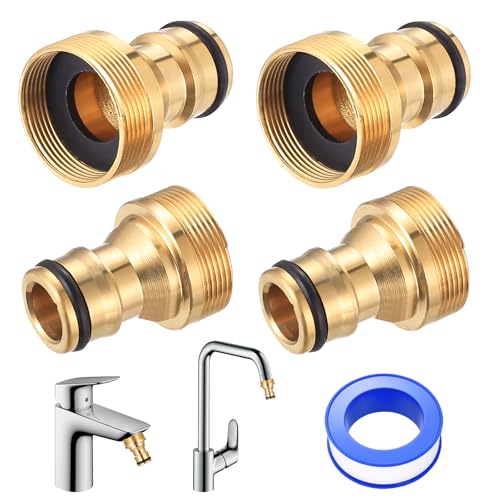 4 Stück Universal-Wasserhahnanschluss für Mischbatterie Messing Schnellkupplung Wasserhahn Adapter Gartenschlauch Anschluss Schlauchadapter Set für Gardena schlauchkupplung 1 2 zoll und 3 4 Zoll