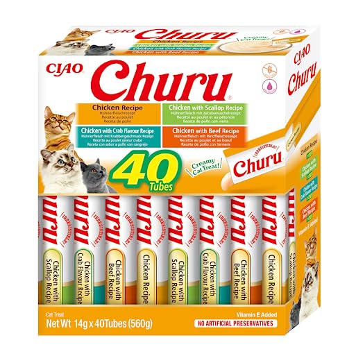 INABA Churu   Leckerlies aus 4 Sorten Hühnchen als Püree   Schmackhafte Katzensnacks   Leckerchen Glatter Cremiger Textur   Tiernahrung   40 Tubenx 14g