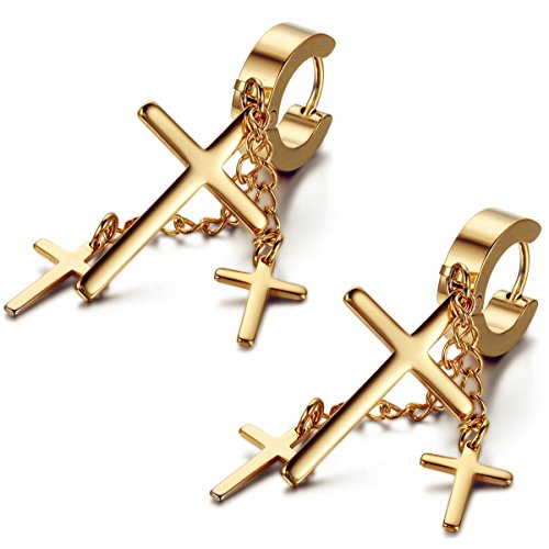 Flongo Damen Ohrringe Herren Ohrstecker Edelstahl Gestüt Stecker Creolen Huggie Ohrringe Ohrstecker Ohrhänger Gold Kruzifix Kreuz Kette hängend Anhänger Gotik Punk Rock Frauen Männer