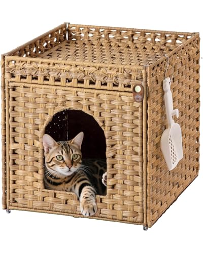 Klippehop Katzenhaus Katzenschrank für Katzentoilette Versteckte Katzenklo-Möbel Handgeflochtenes Rattan-Katzenhaus mit Katzenklo Matte Natur Natur Basic Model
