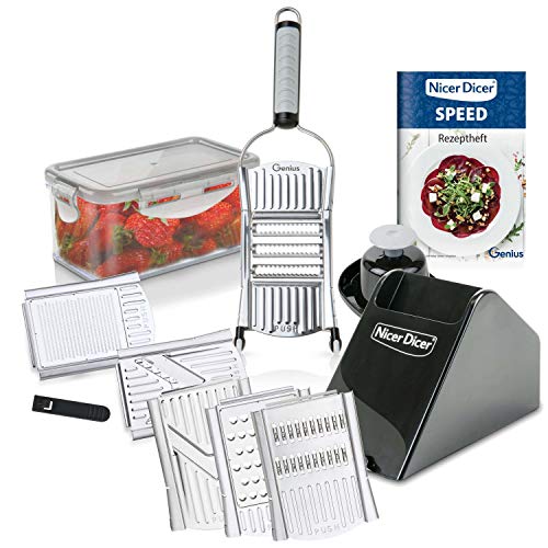 Genius Nicer Dicer Speed Deluxe-Set 13-teilig Handhobel V-Hobel - Verstellbarer Hobel manuell mit V-Klinge aus Edelstahl - Gemüseschneider Gemüsehobel mit Julienne-schneider Silber