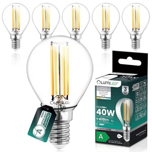 Lumiled LED Golfball Lampe P45 E14 Ultraeffizient Energieklasse A 2.2W 470lm Ersatz 40W 4000K Neutralweiß Filament Klar Glas Tropfenform 360 Abstrahlwinkel Nicht Dimmbar 6 Stück