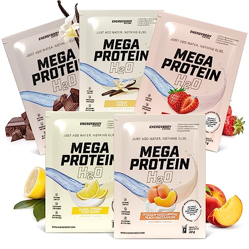 Energybody Mega Protein H2O Protein Pulver Probierpaket - 5x30g - Für Wasser optimiertes Eiweiss Protein Pulver als Whey Casein Mix Proteinpulver Probierpackung Eiweißpulver Probierset