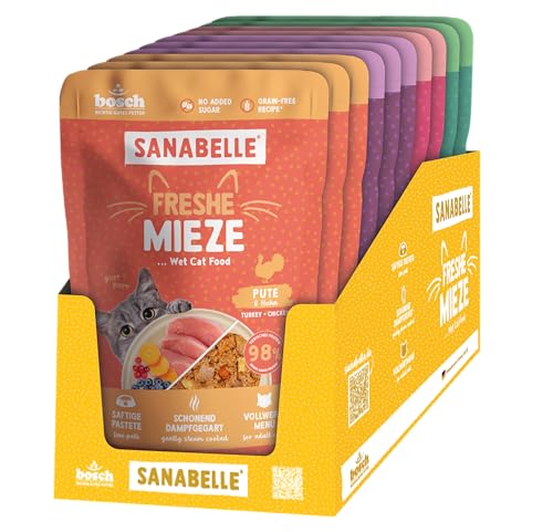 Sanabelle Freshe Mieze   Mixtray 10x 100g Mixpack 4 leckere Sorten Katzenfutter zum Probieren Dampfgegartes Nassfutter für wie frisch gekocht