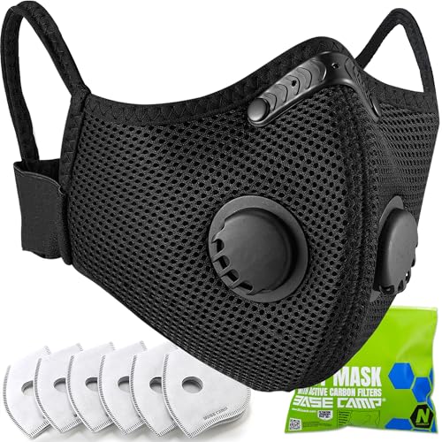 BASE CAMP M Plus Staubmaske mit 6 Aktivkohlefiltern - Atmungsaktive FFP2 NR Maske für Holzarbeiten Bau Schleifen