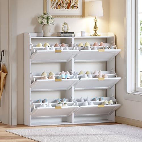 DUlVBPE Platzsparender Schuhschrank Schuhregal mit 6 Klappfächern Freistehende Hochkommode für Diele Flur oder Garderobe geschlossen Weiß Maße 120 x 23 x 118 cm