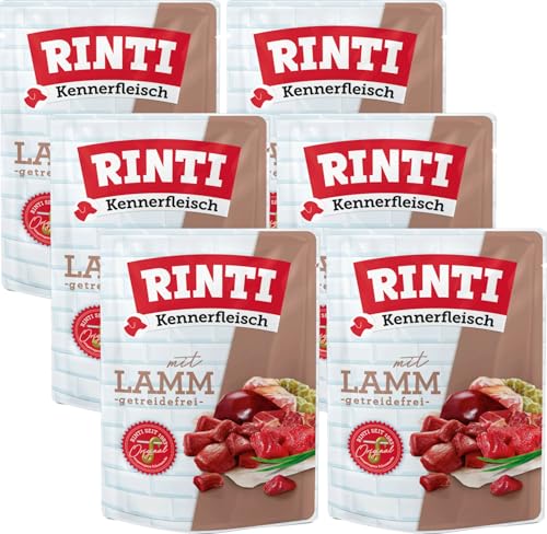 Rinti Kennerfleisch Lamm 6 x 400g Frischebeutel 70 % Fleisch Innereien Getreidefrei Mit Omega 3 Ballaststoffen Alleinfutter für ausgewachsene Hunde Ohne Formfleisch