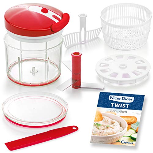 Genius Nicer Dicer Twist Universalzerkleinerer Set 9-teilig rot - Gemüseschneider manuell mit Seilzug Salatschleuder Sieb - Zwiebelschneider zum Zerkleinern Pürieren 1000ml